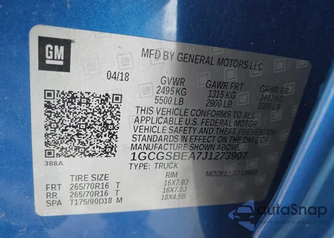 2018 Chevrolet Colorado Wt z USA, uszkodzony, nr VIN 1GCGSBEA7J1273907